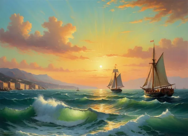 The painting is in the style of the Russian artist Ivan Konstantinovich Aivazovsky.The painting depicts the evening dawn of the sea near Malaga, a Spanish port city.

A boat is sailing through the high waves of a choppy sea, the rowers are working their oars with all their might to overcome the waves. Longboats and ships with lowered sails are parked at the pier.

The rays of the setting sun turn the edge of the pale green sky into a honey-yellow color, against which city buildings are clearly outlined, [1], .

The work is painted in bright colors. The author depicted the sky in one step, using a wide range of shades — light green, turquoise, pink, yellow, orange. The heavens are reflected on the surface of the rolling sea, coloring the waves in the same colors. The painter conveyed on canvas with realistic accuracy transparent sea waves, on the crests of which foam crests bloom, which crumble as they approach the shore., painted in the so-called oriental taste.