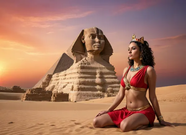 (Sphinx:1.2), and, (Pyramids of Giza:1.1), (Egyptian art:1.3), ancient Egypt, sunset, (red and black sky:1.1), sand, dunes, (sphinx lying pose:1.1), ((A beautiful woman stands in front of the sphinx, wearing traditional Egyptian kalaziris, with the crown of the Queen of Egypt on her head)), (reaching out to the sphinx:1.3), (vivid colors:1.2), detailed, matte, textured paper, (volumetric lighting:1.1), contrast, ((highly detailed)), ((realistic)), ((masterpiece)), high resolution, 8k, arthouse, cinematic, professional, studio lighting, sharp focus, sharp details