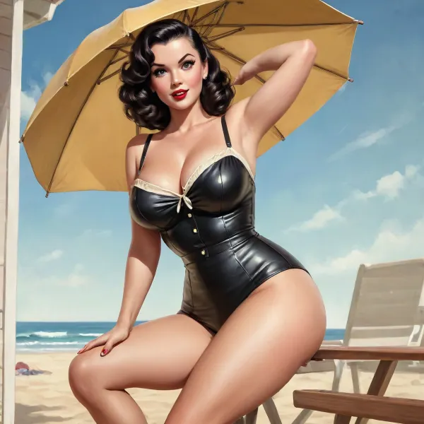 A pin-up style illustration of a young woman with a mid-20th century retro aesthetic. Full length. She has large expressive eyes, fair skin, soft wavy black hair in a 1950s hairstyle, and a cheerful or playful expression. She is wearing classic leather BDSM clothing. Her body type is medium, with natural curves, no exaggeration, realistic proportions. She appears in dynamic or charming poses, reflecting mid-century pin-up art. The lighting is soft and vintage-inspired, with a clean background or stylized setting appropriate to the theme, (e.g., beach, veranda), . Illustration is rendered in traditional pin-up painting style, (like Gil Elvgren), with warm tones and gentle shading, <lora:milkers_v2:2>