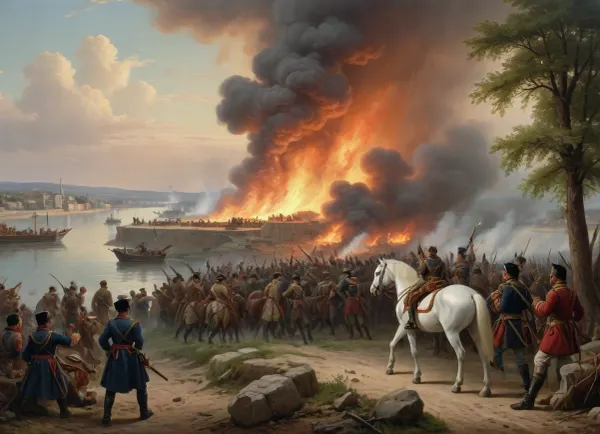 masterpiece, full color image, 8K quality, oil painting by a Russian artist, The painting depicts the very moment of the beginning of the storming of the fortress in the early morning. On the right, in the foreground, there is a cannon, from which Russian gunners fire a signal shot to attack. A.V. Suvorov is shown on the left, sitting on his white horse Mishka, and M.I. Kutuzov is on his right hand. Next to them are Russian soldiers and officers storming the bastions and walls of the burning Turkish fortress of Izmail. On the right side of the painting is the Danube River, where you can see the outlines of the boats of the landing troops.