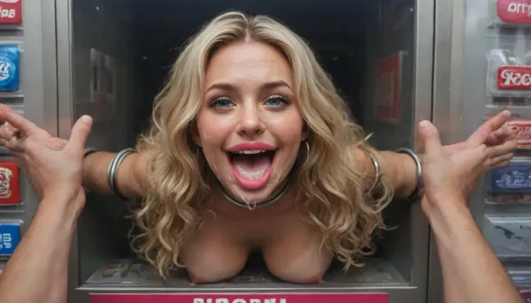 (40 years adult), (very happy:1.5), (she hold her thumbs up:1.5), (woman is stuck with her hips in a round hole with metal rim in a vending machine), (her bust is protruding from a round hole in the front of the vending machine:1.5), (stuck in hole with metal rim:1.3), (vending machine at night, slot for payment), (wide mouth spreader ring gag, gaping mouth:1.5), (leaning forward), (wide smile:1.5), (she needs it, pleading expression:1.2), (box is low mounted, close to floor), (score_9, score_8_up, score_7_up, UHD 8K, masterpiece, best quality, maximum details, natural light, extreme realism, cinematic still), (huge penis:1.4), (she stares at erect penis in front of her face:1.3), (POV from above, she is looking up to viewer, submissive), (POV man standing and looking down, man stroking his big dick:1.1), (upper body restrained to wall), (POV standing man, looking down on her:1.2), (mouth wide open), (dirty blonde Swedish woman, freckles, tanned), (tan lines), (iron rings restrain her upper arms to vending machine), (her arms are spread eagle against vending machine:1.8), (arms restrained with iron rings:1.8), (free-standing vending machine), (her face is covered in cum:1.6), (cum in her mouth:1.1), (bukkake, facial:1.3), (freckles, skin impurities), (transparent liquid:1.2), (realistic cum), (wet face:1.2), (oily skin:1.5), (stuck with hips in a round hole with metal rim:1.6), (long blonde hair, elegantly styled hair, long wavy hair:1.5), (eyes wide open in awe:1.3), (her mouth serves only one purpose), (she's got a new job, she's a public cum dumpster), (pink glossy lips:1.3), (shocking pink lips, pink lipstick:1.5), (eerie lighting:1.3), (smeared lipstick:1.3), (thick bimbo botox lips:1.5)
