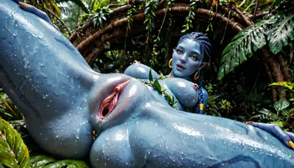 Na'vi giant girl with blue skin, plant dress, oiled body, long tail, yellow eyes, long giant braid, bioluminescent dots all over the skin, nipple piercings, clitoris piercings, pussy sex, pussy close up plane, delicious face, fucking on night with torches, Pandora jungle, 7-Avatar, environment, Na'vi, Quaritch, Neytiri, Avatar, navi, alien, with, blue, skin, <lora:Avatar v1.0:.8>, <lora:navi_v1:2>