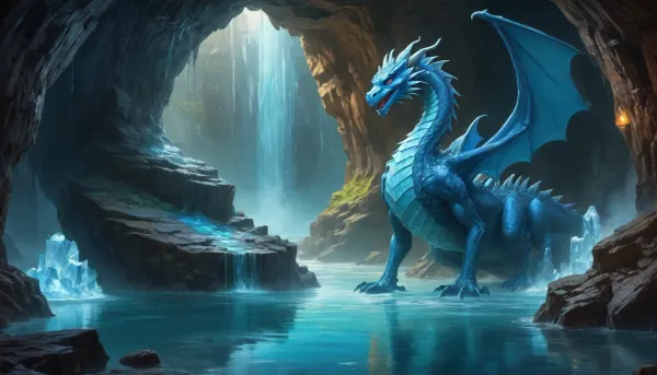 Gorgeous cave. Giant and intricate details. Glistening glowing pools of magical water. Bioluminescent crystals clinging to the cave walls. Garmash. Wlop. Guweiz. Oil paint strokes. Surreal. Outlines. Vivid and surreal crystals and magical water, A wonderful massive ice blue dragon in water, looking at camera