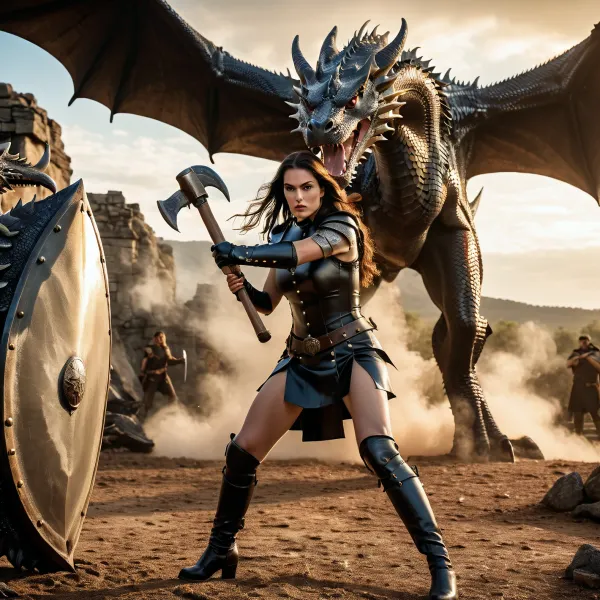 girl in tight latex with an axe and a shield fighting a dragon., <lora:aka-000002:.8>, VALHERO, <lora:Heroes_of_Valhalla_SDXL:.8>, Unfazed, dragon, <lora:Unfazed_dragon_-_XL SDXL:.8>, <lora:BREIZHCASTLE-XL-MK8:.8>
