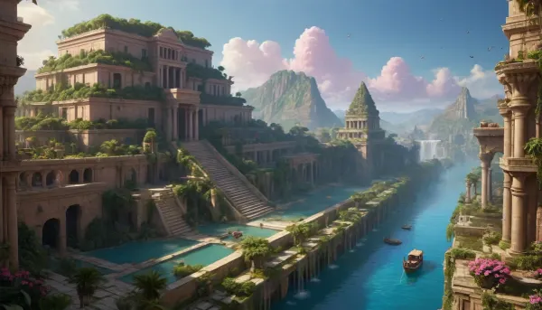 (Hanging Gardens of Semiramis:1.3), (ancient ziggurat:1.2), (fantasy structure:1.1), (multi-level terraces:1.15), (lush vegetation:1), 05, (waterfalls flowing between levels:1.2), (palm trees:1), (flowering gardens:1), (inlaid blue tiles:1.1), (bas-reliefs with mythical creatures:1.1), (gold inlays:1), (detailed architecture:1.05), (river with boats:1.1), (ancient city in the background:.9), (bright lighting:1.1), (sunlight:1), (blue sky with pink clouds:1), (epic view:1.1), (fantasy art:1.2), (digital painting:1.1), (high detail:1.1), (breathtaking landscape:1), (masterpiece:1.1), (8k:1)