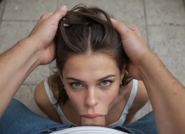 There is a stunning 25 year old woman with big boobs and athletic body with well-defined abs, well-built legs and pretty face, wearing white top and jeans shorts, (dressed), kneeling in front of white, athletic guy fully dressed with only dick sticking out of his pants, who gets deep blowjob from her, (1girl), (1guy), (deepthroat:2), (well-detailed), (detailed cock), slight make-up, man's POV, he grabs her hair, (hair pulling:1.3)