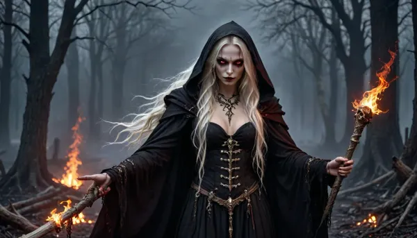 (dark fantasy style:1.4), (epic mysterious scene:1.2), young beautiful witch girl 28 years old, skinny, (thin waist:1.2), long tangled dirty white hair, (girl with a evil smile looks at the camera:1.2), (long cloak with hood:1.2), (bone jewelry:1.4), (magic staff:1.2), (bloody makeup), (burning red eyes:1.2), (magical energy in the girl's hand:1.5), (dark swamp in the background), (darkness:1.5), fog, mist, (colorful magic light:1.3), side view, <lora:OrbstaffV2XL:.5>, <lora:Dark Fantasy:.5>, <lora:dark_fantasy_art:.5>
