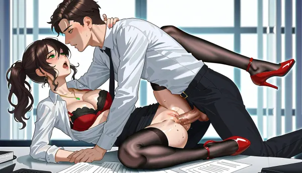 There is a stunning 25 year old green eyed brunette woman with big boobs and athletic body with well-defined abs, well-built legs and pretty face, hair tied in ponytail, in a office outfit, white shirt, black tight skirt, black stockings and red heels, with unpinned shirt and bra pulled down partially revealing boobs, moaning face, white athletic man in an office suit, they have sex, (random position), (fucking), (couple)