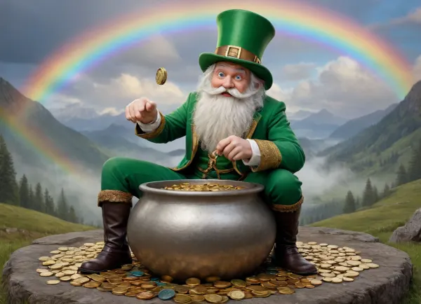 A leprechaun with a long white beard and a green top hat is depicted, wearing a detailed green and gold outfit, squatting on top of a pot overflowing with gold coins, holding a key in one hand and looking towards the viewer. The pot is placed on a rocky ground, with more gold coins scattered around it. In the background, a vibrant rainbow arcs across a cloudy sky with hints of blue, descending towards a green, hilly landscape on the left and misty, tall mountain peaks on the right. Digital painting, detailed fantasy illustration Bright, magical lighting, with the rainbow casting colorful hues on the scene Medium shot, eye-level perspective Intricate details on the leprechaun's attire and the gold coins, rich colors, atmospheric, mythical, whimsical