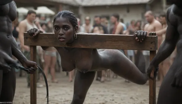 pillory on a crowded market place, ((A 19 years old kenyan slave_girl with absolutely black skin, (((absolutely black skin girl))))), big ass, medium tits, whipped out by master, tied up, suspended, gallons of cum on her body, (((whipping marks))), (((bruises))), (((long distance shot)))
