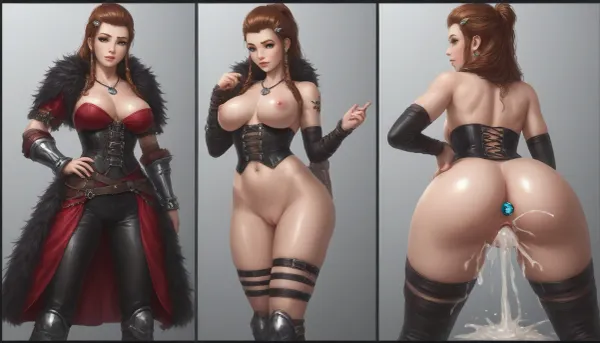 Close up of sensual stunning brigitte from Overwatch mature look, oiled, big ass View from waist down, solo, Braided hair with interwoven leather bands and a few silver beads. Makeup is smoky around the eyes with a touch of war paint, War paint on the face, full lips, thick lips, huge chest circumference, muscular, wearing A tight fitting leather corset in dark brown, decorated with metallic rivets and laced sides, An asymmetrical skirt made of coarse fabric short in the front longer in the back, tight fitting leather leggings with leg wraps, High leather boots with buckles, A wide belt with rune embossing and small pockets for daggers and potions, arm warmers made of fur and leather, long fur cape a necklace with a Thors hammer pendant, Butt Plug with diamond, Sensual, erotic, wet orgasm pussy, extreme gigantic cock with many prominent veins deep penetration in pussy, extreme deep penetration, open pussy, extreme big pussy, excessive cum in pussy, Point of View