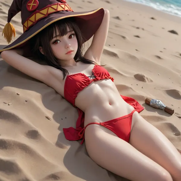 score_9, score_8_up, score_7_up, score_6_up, short Megumin pads her flat chest, Megumin is sunbathing on the beach on the sand, her body completely visible from head to toe, spread, <lora:Microwaist_XL_v01:1>
