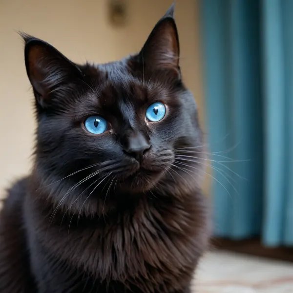 thin cute black fluffy cat with blue eyes