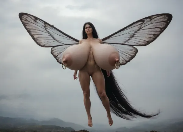 tiny faerie with large monarch butterfly wings, naked, very long flowing black hair, gravity-defying hair, sky background, mist, ghostly, floating, (fit body:1.4), (athletic body:1.2), (gigantic breast:1.2), (huge thighs:.7), long hair, (large heavy nipple rings:1.5), full body view, big breast nipple rings piersing, angel wings around body