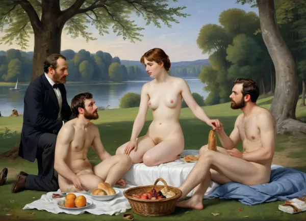 masterpiece, full color image, 8K quality, "Breakfast on the grass"— a painting by the French artist Edouard Manet, painted in 1863. two fully clothed men with a naked beautiful woman and a bathing girl in the background in nature, a naked woman shamelessly looks directly at the viewer, the style of the painting breaks with the academic traditions of the time. The harsh "photographic" light eliminates semitones, and the men are dressed like dandies. They're so engrossed in the conversation that they don't seem to notice the women at all. In front of them lies discarded women's clothes, a fruit basket and round bread. In the background, a second woman in light clothes washes in the river. The painting puzzles with the "wrong" perspective, an excessively large female figure in the background in an autonomously illuminated, unreal space. The background of the painting lacks depth, giving the impression that the whole scene is not taking place in nature, but in a studio. This impression is enhanced by the light, which gives almost no shadows. The painting is made with oil paints