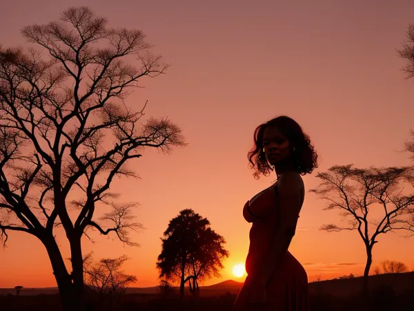 sunset in the savannah blood-red horizon, silhouette of a bare tree in the background, silhouette of a woman in the foreground, curvaceous woman