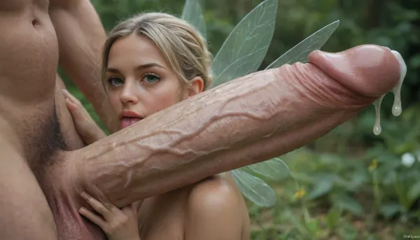 giant man standing side on, massive girthy veiny hyper cock with foreskin, giant uncircumcised oversized cock, oozing cum, massive uncut cock, blonde fairy, fairy smaller then the cock, (insect sized fairy:1.2), pubic hair, fairy sized woman, on massive uncut cock, cock bigger than her body, body sized cock, foreskin, long foreskin, cock bigger than fairy, mouth against tip of cock, licking the tip, cum explosion, fairy cuddling with cock, fairy squeezing giant uncircumcised oversized veiny uncut cock, droopy foreskin
