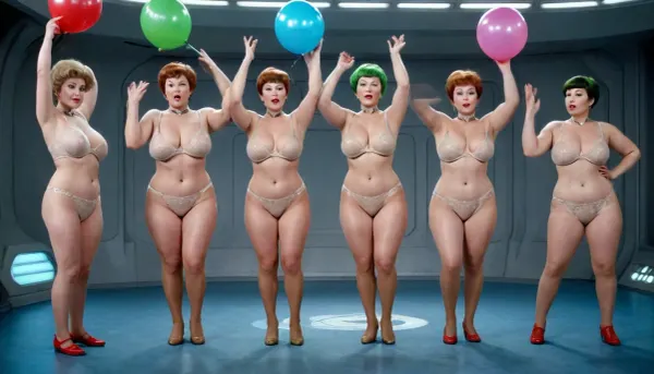 A crazy old photo of five different beautiful short chubby retro Star Trek grannies, make morning exercises stand poses, crazy green very short hair, hands in air and spreading tight legs, in a space ship command central, only in different old dark beige colored transparent long nylon tight's, very lace torpedo bras from 1960, have a wrinkled face, very nice red feet nails, large camel too, in sheer very lace torpedo bras, large brown nipples looks through transparent bras, up on the blue floor little aliens, full body show in performance standing poses, photo-realistic picture, studio light, Flux, large balloons, <lora:milkers_v2:2>, <lora:220437_training_data:2>