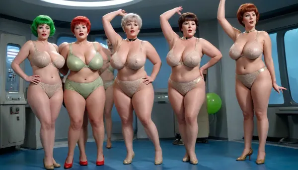 A crazy old photo of five different beautiful short chubby retro Star Trek grannies, make morning exercises stand poses, crazy green very short hair, hands in air and spreading tight legs, in a space ship command central, only in different dark beige colored transparent long nylon tight's, very lace torpedo bras from 1960, have a wrinkled face, very nice red feet nails, large camel too, in sheer very lace torpedo bras, big brown nipples looks through transparent bras, up on the blue floor little aliens, full body show in performance standing poses, photo-realistic picture, studio light, Flux, large balloons, <lora:milkers_v2:2>, <lora:220437_training_data:2>