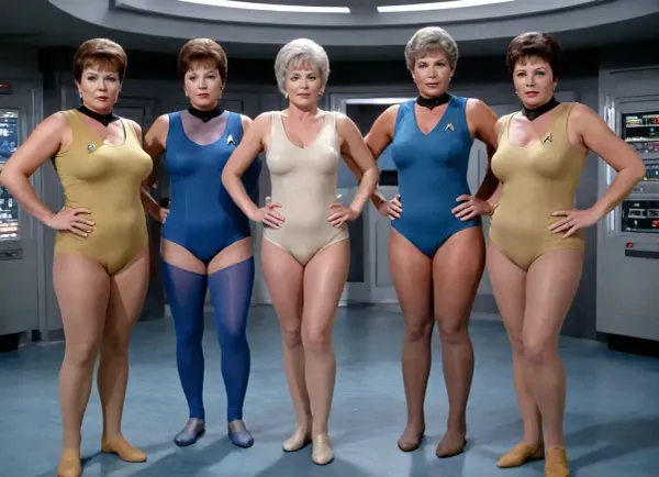 A crazy old photo of five different beautiful corpulent retro Star Trek grannies, standing in a space ship command central from Enterprise in colored transparent nylon suits, have a wrinkled face, all in brown nylons and beige nylons, very nice feet, large camel too, big bust extra large boobs, plus size long hanging breast under tank top, braless, big brown nipples looks through very short transparent tank top, up on the blue floor two little hairy colored aliens, full body show in performance poses, photo-realistic picture, action cinema, studio