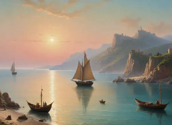 The painting is in the style of the Russian artist Ivan Konstantinovich Aivazovsky.In the central part of the canvas there is a sailboat standing on a raid near the walls of the Genoese fortress. The rays of the rising sun turn the sails of the ship pale pink. The turquoise expanse of the sea is calm, and the unfurled sails are reflected in it, as if in a mirror. In the foreground of the painting, on a sandy beach near the sea, the viewer sees a cart pulled by two oxen and a boat approaching the shore. Near the cart and boat, the author depicted local residents dressed in national costumes.
In the haze of morning fog, the outlines of sailboats standing in the bay are barely discernible. The rays of the sun rising over the mountains fill the sky, the peaks of the rocks and the sea near the horizon with a warm lemon yellow color.
In the misty haze on the tops of the coastal cliffs, you can see the ancient towers of the ancient Genoese fortress.
The painting is imbued with lyrical romanticism, which is especially felt on Aivazovsky's canvases, painted in the so-called oriental taste.