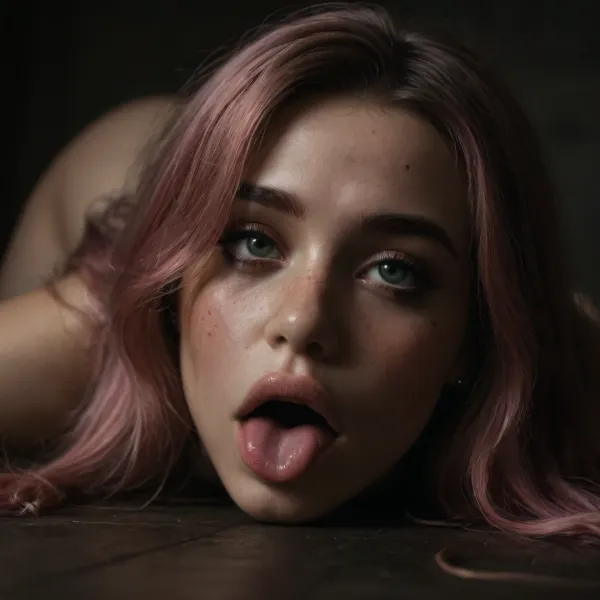 (only girl), (solo), (t33n), (no penis), (dark makeup), (Top-down view), (The head is raised), (Looks up), (only head), (very t1ny face, v3ry young face, very cute face, Bаby face, Freckles, much Freckles, green eyes, pink hair color, very long hair, lush hair, small nose, cute nose, Plump lips, Big lips, Thick eyebrows, Plump eyebrows, pink eyebrows, Dyed eyebrows, Ruined makeup, Ruined, makeup, Crying makeup, Sticking tongue, saliva on tongue, split on tongue, Slobbery tongue, saliva in mouth, split China, Rolled eyes), (ahegao), (ahegao eyes), (orgasm face), (tongue), (Rolled), (open mouth), (split), (slobbery), 1girl, supermodel, face, big, lips, <lora:dark:.5>, <lora:Beautify-Supermodel-SDXL:2>