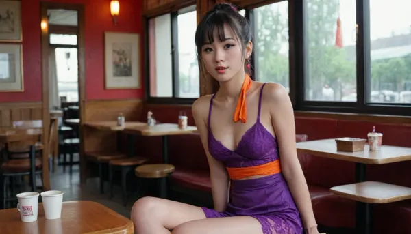 pretty Anorexic Chinese woman with pretty breasts, in a cafe, chi-chi, black, hair, bun, bangs, sidelocks, eyes, chinese, clothes, purple, dress, earrings, red, bracelets, orange, neckerchief, <lora:Chi_Chi_Diffusion_SD_XL-05:.8>, open legs, transparent panties lace