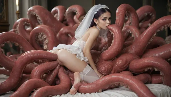 (Very petite:2), very small body, gothic makeup, (smalll girl:1.3), (preemature:1.3), (teeen:1.5), (little:1.5), (small:1.5), (mini:1.5), (18 year old, beautiful blue eyes, cute girl, dark purple hair, very small ass, small breasts, nude, slim), very small slim body, short girl, (young), very cute face, short young body, tinymodel, small frame, topless, ((all body is visible, feet is visible), gigantic octopus fuck girl in anus with huge penis, anal sex, (double penetration:1.4), (gigantic octopus is big, fat, ugly), suck a big black cock, pink make-up, erotic pose, choker, white, thighhighs, (long, very long dark purple hair:1.7), (nude ass, nude pussy, nude breast), hair, on, one, eye, frills, puff, sleeves, (white, lingerie dress, veil:1.5))