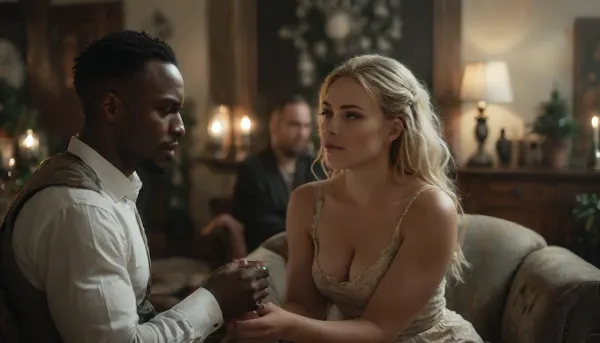 romantic ambient light, dining room, Christmas time, casual threesome, 20 years old European blonde female licking penis of 50 years old African man, breathtaking beautiful slender matured African wife supports blonde female, (elegant African man sitting in a comfortable armchair:1.6), (blonde female kneeling:1.2), blonde‘s head is just below the African man‘s Penis, (firmly grasps the hard cock and sucks devotedly and submissively the testicle:1), perfect finger, African man cumming, erected penis, penis licking, flat-chested, tanned skin, interracial, fully clothed, elegant dress, dress lift up, soaked hair, average bodies, domination, pushing head against penis, no shame, firm ass, feast on the table, Christmas decoration, perfect face, perfect hands, (a further man in BACKGROUND:1.9), (European blonde man), European man decorates the Christmas tree in background, 8k, photorealistic, realistic skin, FRESHIDEAS, Real, Photography, 2#, Black, and, white, art, black, shading, charcoal, toned, brutal, dark, b/w, color, scheme, <lora:FRESHIDEAS Real Photography 2#:.6>, <lora:Black and white art.V1:.5>, <lora:MJ52:.4>, <lora:add-detail-xl:.8>, 4ng3l, face, <lora:SDXL_BetterFaces-LoRA_v1:.8>