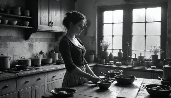 18 century, the young 18-year-old son exposes his malehood to his stepmother. She is working in the kitchen, she is excited as she realize his erection, FRESHIDEAS, Real, Photography, 2#, Black, and, white, art, black, shading, charcoal, toned, brutal, dark, b/w, color, scheme, <lora:FRESHIDEAS Real Photography 2#:.6>, <lora:Black and white art.V1:.1>, <lora:MJ52:.4>, <lora:add-detail-xl:.9>