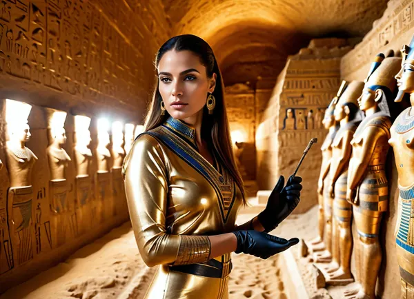 Masterpiece, high detail, high resolution, 8K, a woman-archaeologist, in a sexy jumpsuit, and thin gloves, at the excavation of the tomb of Pharaoh Tutankhamen, with a focused look, holds an artifact in her hands and, (considers hieroglyphs on it, against the background of the pyramids), stands at full height, in half profile, accurate detailed image.