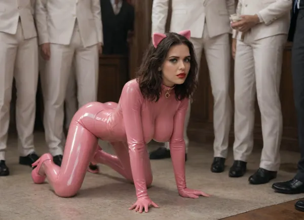 submissive, on all fours, wearing pink latex pet suit, latex pink platform heels, surrounded by men in business suits, in Victorian ball room/Kagney, 25 years old, frustrated, pouting, (wide blue eyes), dark eyeliner, dark red lipstick, (straight black hair in french bob:1), (very large breasts, F cup breasts), (focus thick latex collar), /, (pink latex petsuit), (latex petsuit:1), (focus skintight latex), (pink latex platform heels), (focus pet play), submissive. BDSM, (men in business suits), Voctorian ballroom, (surrounded by men), animal_ears, Kagney, Linn, Karter, <lora:gougou_XL_1_-000004:.8>, <lora:Kagney Linn Karter:1>