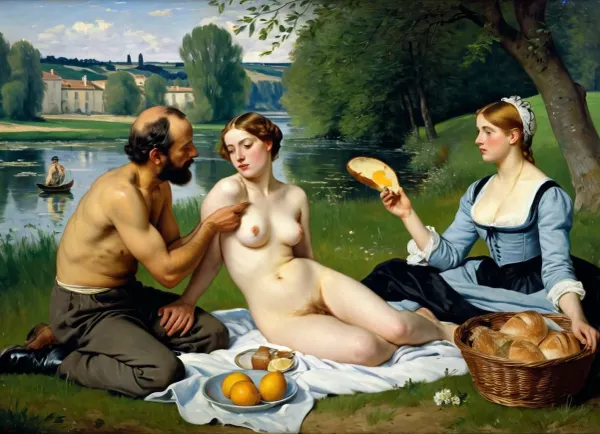 masterpiece, full color image, 8K quality, "Breakfast on the grass"— a painting by the French artist Edouard Manet, painted in 1863. two fully clothed men with a naked beautiful woman and a bathing girl in the background in nature, a naked woman shamelessly looks directly at the viewer, the style of the painting breaks with the academic traditions of the time. The harsh "photographic" light eliminates semitones, and the men are dressed like dandies. They're so engrossed in the conversation that they don't seem to notice the women at all. In front of them lies discarded women's clothes, a fruit basket and round bread. In the background, a second woman in light clothes washes in the river. The painting puzzles with the "wrong" perspective, an excessively large female figure in the background in an autonomously illuminated, unreal space. The background of the painting lacks depth, giving the impression that the whole scene is not taking place in nature, but in a studio. This impression is enhanced by the light, which gives almost no shadows. The painting is made with oil paints