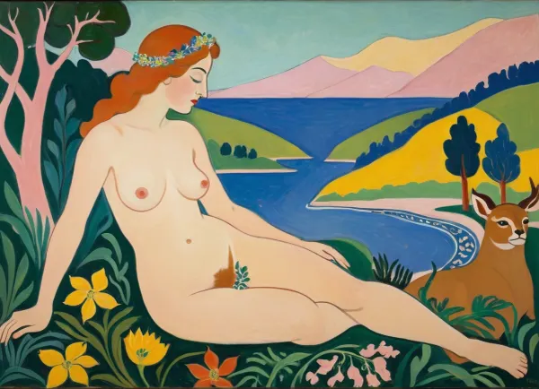 masterpiece, full color image, 8K quality, "Nymph and Satyr" by Henri Matisse, created in 1909.A fawn catching a nymph by surprise, the painting depicts naked bodies against a landscape background. The yellow-green plane of the earth in the foreground flows into the soft shapes of the hills in the background, their contours outlined by dark green lines. The aquamarine line of the reservoir separates the plans, from where, apparently, the nymph came out, to which the satyr lustfully rushes, the reddish color of the latter's body and the pale pink flesh of the nymph contrast sharply with the colors of the surrounding landscape. Laconism and graphicity in the drawing of figures evoke images from ancient vase painting and enhance the dramatic effect inherent in the expressive poses of the characters in the painting. The painting is painted with oil paints.is enhanced by the light, which gives almost no shadows. The painting is made with oil paints