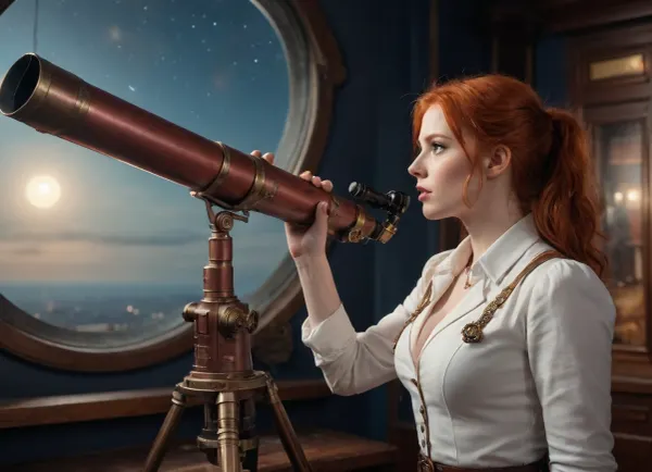 At night, in a steampunk-styled observatory, a young scientist, (25, red head, big breast), is looking in a telescope, (directed to the sky), . In the sky, we see a long comet.
She wears a white scientist blouse, (deep cleavage), . Night, low light, prefect eyes, masterpiece, 8k, wide angle, realistic, shot on a nikon d5 50mm