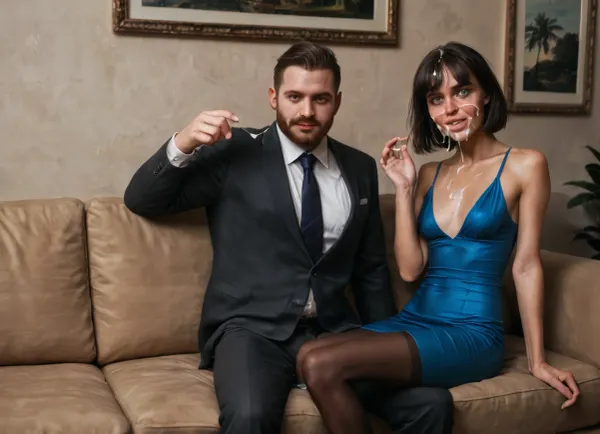 skinny 40 yo old russian brunette wife, (dark medium-length bob hair with bangs), (thin narrow triangular face, narrow long nose, feint small amount of freckles across nose, thin narrow lips, dark grey eyes, caucasian face type, no makeup), (short petite skinny body, (skinny:1.3)), short skinny legs, (natural small flat sagging tits), wide thigh gap, skinny flat ass, skinny hips, slightly tanned skin, no tattoos, (realistic faces:1.3), (perfect face:1.3), (perfect eyes:1.3), perfect hands, realistic detailed eyes, (realistic mature skin texture:1.3), sexy provocative laughing, she is wearing a short tight satin blue dress, cumshot, facial, (cum on face:1.8), cum on dress, a lot of cum, big cumshot, cum dripping, cum on her dress, highly detailed, projectile cum, ejaculation, cum, huge cumshot, huge ejaculation, <lora:JustCum:1.5>, <lora:678016_training_data:1.5>