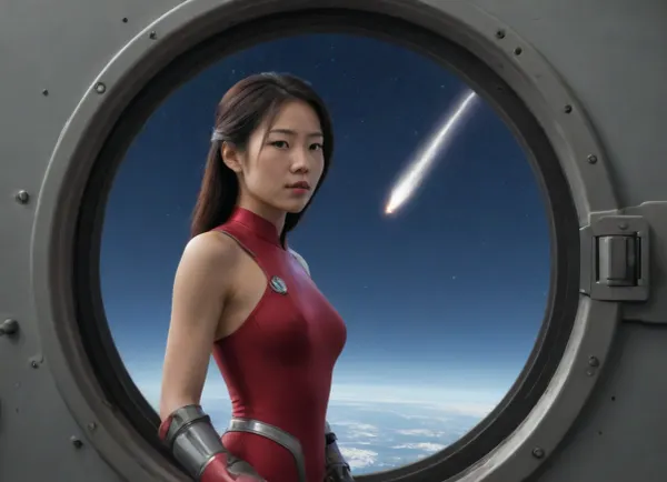 (masterpiece), (best quality), (photorealism:1.2), (ultra-detailing), (high resolution), (volumetric lighting), (intricate detail), full frame, (cyborg asian woman:1.6), standing in an observatory near a spaceship porthole and, (look at a flying comet:1.7), (flying comet in space seen through a porthole:1.7), natural realistic lighting