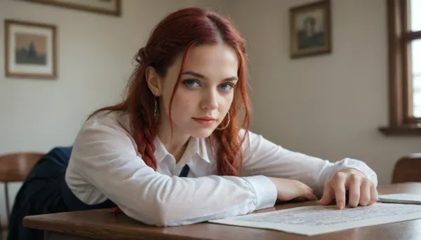 high definition, ultra realistic, masterpiece, (18 years old), (realistic skin texture), ((confident expression)), (extremely beautiful face, perfect body:1.4), seductive woman, soft curled dark red hair, braid, blue eyes, schoolgirl outfit, low-cut, thigh-highs, sexy, arching back, bent over desk, soft warm indoor light, blurred cozy boudoir