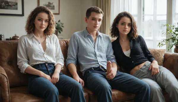 A room with a couch. 1 Young man, 2 Young women. All 18 years old. All are fully clothed. The Young man's pants are open, (open fly), . Normal penis. hard penis, The man sits between the two women. The two women look at the man's penis in fascination.