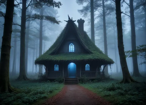 witch hut in dense forest, dense trees, dark gothic style, extremely overgrown, glooming blue light, heavy fog, moody, forest, <lora:363711_training_data:1.7>