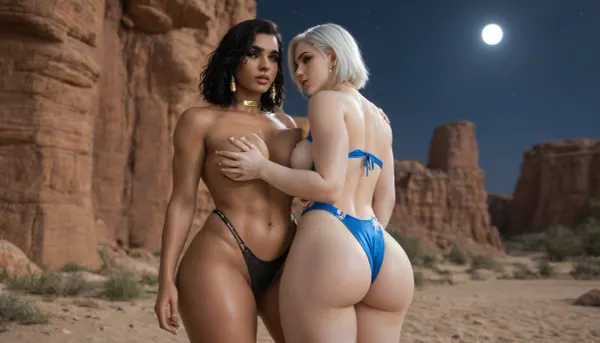 2 women, (pharah amari from Overwatch), (ashe from overwatch), colorful racerback swimsuit, desert, night, moonlight, big breast, (wide hips:1.6), Athletic body, (muscular shoulders and arms:1.4), thick lips, plump lips, golden choker, one of them giving cunnilingus.
