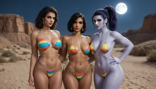 2 women, (pharah amari from Overwatch), (blue skin widowmaker from overwatch), ((colorful racerback swimsuits)), desert, night, Moon, moonlight, big breast, (wide hips:1.6), Athletic body, (muscular shoulders and arms:1.4), golden choker, hot sex, smiling at each other.