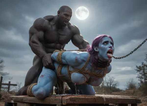 female drow elf barbarian, (dark night blue skin:1.82), tall, angry, busty, curvy, thin waist, big boobs, big butt, slim, athletic, fit, vitiligo, strong, fur pelt armor, dungeons and dragons, purplish blue skin, black and purple hair, Dark, Elf, Warrior, Drow, tattooed, scarred, purple eyes, uberfit, muscular, blue skin, amazon, giant, fur barbarian armor, bloody, blood spatter, bear, bear heart, (in a bloody filed after a battle, white full moon in the sky:1.4), (man is choking her from behind:1.4), ((hogtied, bound with large chains, tied to a torture table:1.3)), cock in mouth, (brutal face fuck), Blowjob, (tears in eyes:1.5), (running makeup), (cum drips from nose:1.3), (cum drips from mouth:1.3), ultra hd, photorealistic, hyper gigantic large black cock in mouth, (((hyper gigantic large black cock in mouth:1.3))), oral cream pie, hair grab, sad, sad crying, tongue out, gasping for air, zavy-brbrn, gangbang, double anal penetration, anal spitroast, groupsex, deepthroat, (4 gigantic African black brute thug, huge trunklike arms, huge head, hyper muscular body, dressed in slave clothes:1.2), ((hogtied, bound for sex, tied up)), (((hyper gigantic large white cock in mouth:1.3))), (pulled nipples:1.2), nipple clamps, (((spitroast))), (((hyper large cock in mouth:1.3))), screaming, shocked, deep anal penetration, Uber realistic, 8k, ultra detailed, masterpiece, arched back, detailxl, 35mm photograph, film, professional, 4k, 1girl, 5 boys, hdr, photographic, ultra realistic, ultra high details, back light, (front view), (dynamic pose), best quality, incredibly lean body, anal sex, with large muscular black men, gargantuan black cocks, anal sex expansion, large hyper muscular fat old men, (double anal sex), swollen white veiny cocks, (double anal penetration), hardcore double penetration, proper physics, big white cocks, muscular white double anal gangbang, (forceful penetrations), extremely graphic, shocked expression, beautiful hands, massive cum in ass defeating a woman in combat, fighting, killing, blood, winning fight, magazine cover, Realism_Quality_2xx_By_Stable_Yogi, score_9, score_8_up, score_7_up, (((very pretty face:1.3))), (((extremely ultra detailed face:1.3))), perfect fingers and hands, upper body view, (extreme size difference:1.6), (ultra realistic), (maximum quality), (high resolution), (extreme detail), (ultra realism), UHD, super high quality, highly detailed, high resolution, perfect lighting, natural lighting, (dynamic angle), (random angle), (random pose), (dynamic view), (random view), volumetric lighting, golden hour lighting, dramatic shadows, rich details, nature-inspired color palette, <lora:Dark_Elf_Warrior:1.3>, <lora:Drow:1.3>, <lora:339100_training_data:1.3>, <lora:uberfit_lora_sdxl:1.3>, <lora:zavy-brbrn-sdxl:1.3>