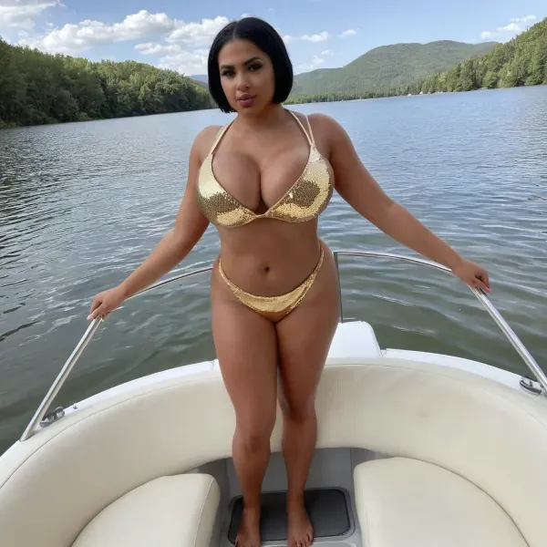 Short and curvy dark haired babe standing on a ski boat in the middle of a lake, slightly chubby, wearing a gold sequin bikini, straight short length dark hair, wide waist, medium breast, round cleavage, deep cleavage, dark tan skin, extremely short stature, short legs, very short legs, best quality, fine details, detailed skin, curvy mommy, dark haired babe, detailxl, <lora:246141_training_data:.8>, <lora:Chubby BBW - XL:.7>, <lora:bimboxl_02:.2>, <lora:nipplePiercing-v1:.2>