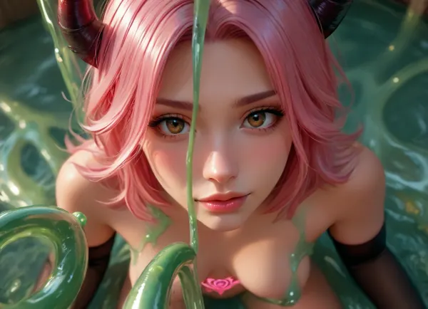 ai_gener9ted reiq style, colored, cartoon, 1girl, 25 years old, masterpiece, explicit, (slim skin:1.1), (skinny:.5), pink hair, high ponytail, long ponytail, (natural brown eyes), pink ears, eyelashes, natural round breasts, smiling, (pink pussy), ((olied Skin)), pink lips, pink make-up, choker. cleavage, teasing expression, ((deep inside a dark dungeon, ceiling closed, no moonlight, no windows)), (close up:2.8), (view from above:2.8), best quality, amazing quality, high contrast, volumetric lighting, perfect but, brown eyes, small body, black stockings, no panties, no dress, no bra, (cutest:.8), (short:1.3), (very little:1.5), (very small:1.2), (very mini:.6), (pre:.2), womb tattoo, demon, dark horns, dark wings, (lifted by green slime tentacles), (green slime tentacle around leg), restrainted, blowjob, deepthroat, double, riding, dynamic pose, green slime tentacle, green slime, sex, fellatio, cumshot, Suspension, creampie, spreding, <lora:BUT_SDXL_SHS:1.8>, <lora:womb_tattoo_v6_SDXL:1>