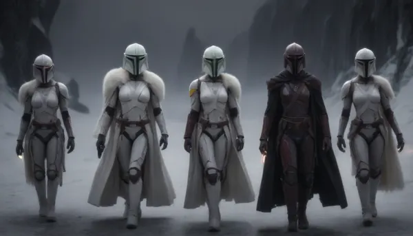 photorealistic, sci fi, star wars, (planet Hoth:1.8), (black snow-capped mountains in Hoth), (walking towards a ruined ship), fullbody, 3 french woman, 3 men, (white luminous eyes:1.8), runing, extreme length braided white hair, (droid skin:2.1), armour, android, ((Dark Mandalorian:1.8)), (ciber templar:1.3), artiangel, (wearing a thick coat with white animal fur:1.8), white long lightsaber in right hand, (straight lightsaber:1.8), very, long, hair, hanging, dynamic, on, ground, bun, cover, General, Obi-Wan, Kenobi, cyber, templar, (side view), <lora:554328_training_data:.5>, <lora:verylonghairv2:.5>, <lora:565986_training_data:1.6>, <lora:CyberTemplarXL:1.2>