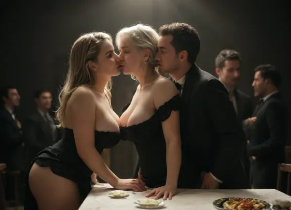 Image of two lesbian 50 year old women, (at a formal dinner party, surrounded by three men in dark suits. Two girls, three boys:1.2), dinner tables set out with wine glasses in background. 3 men in dark suits in background, granny, gilf, chubby, white hair with gigantic breasts, open transparent chiffon shawl, very hairy pussy macro, happy, smiling, dancing, frolicking, (masturbating and kissing and breast squeezing and butt squeezing each other:1.3), silhouette, massive teardrop breasts, sexy . Close up view, very long curly blonde hair, (hair being blown by the wind), rear view, Dark background creating the impression of fog. low light. distance, Low-key, lighting, Style, dim, light, low, dramatic, Split, Lighting, style, partially, covered, in, shadow, side view, dark dramatic light, windyupskirt, <lora:windyupskirt_SDXL:.8>, zavy-rmlght, <lora:zavy-rmlght-sdxl:.8>