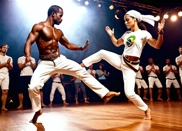 Realistic, highly detailed, ultra-realistic, cinematic lighting, 8K, (a dark-skinned Brazilian capoeira dancer in white pants and a T-shirt with a belt skillfully performs the most difficult capoeira jumps, her partner dressed in white pants and a T-shirt with a scarf on his head stands nearby clapping his hands), in the background, musicians playing instruments and clapping spectators create rhythm and mood. Clear transmission of capoeira in realistic movements and tricks, soft, slightly bright lighting.