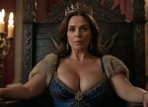 (hyperréaliste), Venetian woman 50-years old, detailed face, sexy queen, cleavage, large breasts, sitting on iron throne