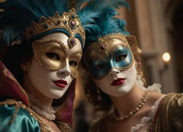 (hyperréaliste), (Venetian Carnaval), two masked women, drop down view